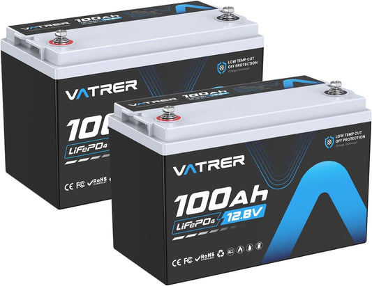 2Pack 12V 100AH Low Temp Cutoff LiFePO4 Lithium Battery with 1280W, Built-in 100A BMS, 5000+ Cycles Rechargeable Battery, Perfect for RV/Camper, Solar, and Off-Grid Applications, etc.