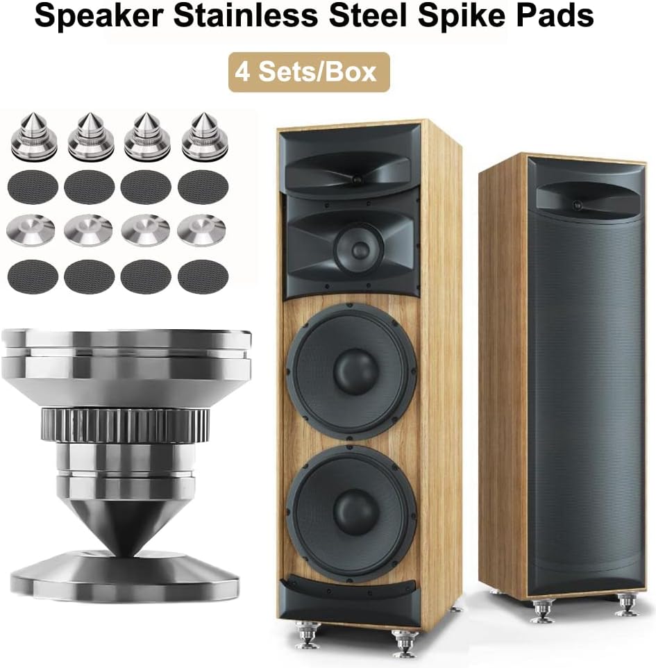 4 Sets Speaker Isolation Stand Feet, Stainless Steel Speaker Base Pads, Shockproof 28-32mm Adjustable Speaker Vibration Absorber Spike Cone Mats for Amplifier Turntable DAC Recorder CD (27x29x5MM)