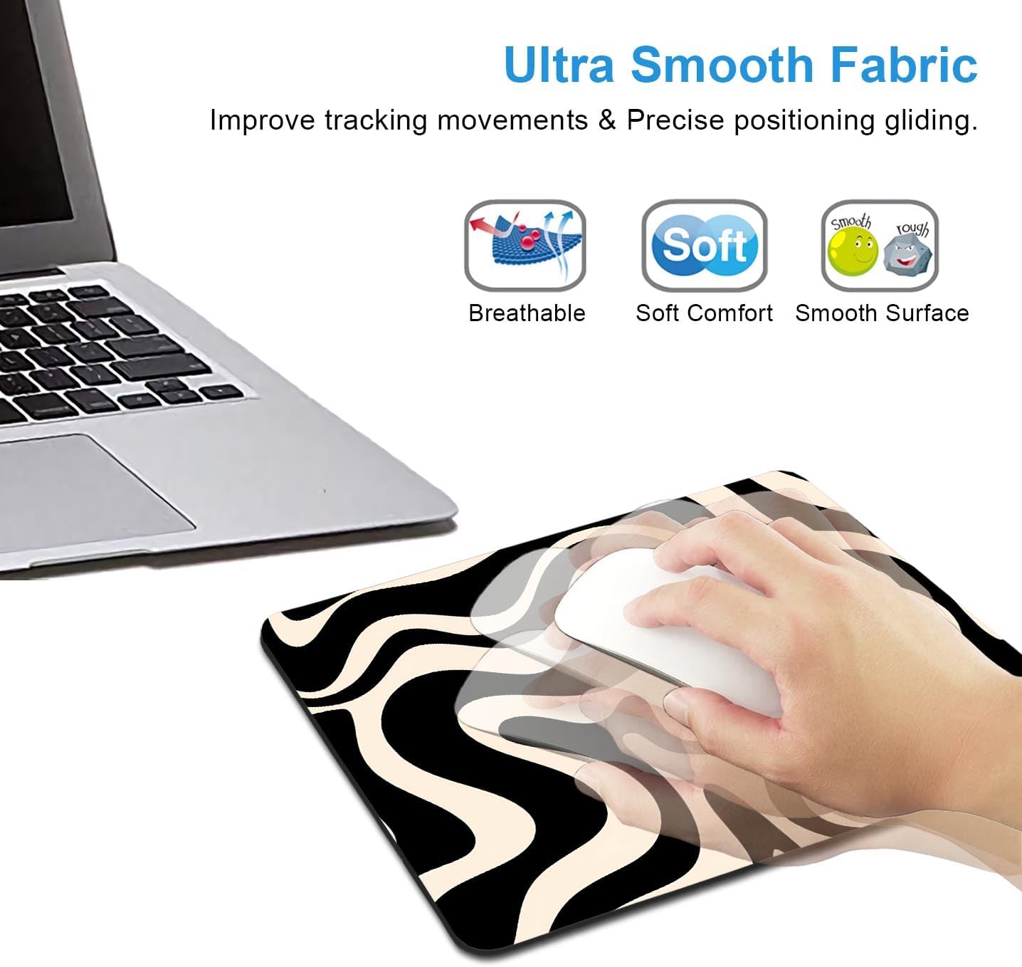 IMAYONDIA Black and White Mouse Pad, Liquid Swirl Retro Mouse Pad, Abstract Pattern Mousepad, Modern Art Cute Desk Decor, Anti Slip Rubber Base Portable Mice pad for Computer Office, 9.5 x 7.9 Inch