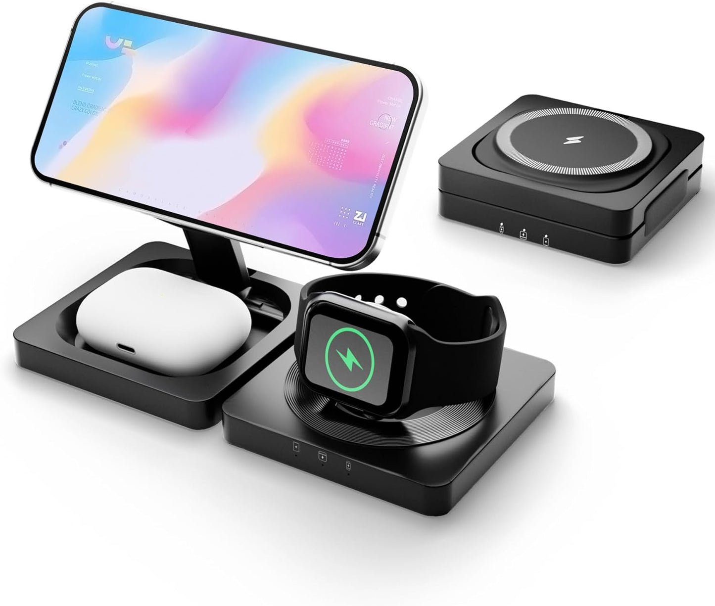 Magnetic Wireless Charger for iPhone: 3 in 1 for Travel 15W Fast Charging Pad Foldable for iPhone 16e 16 15 14 13 12 Pro Max - for Apple Watch Ultra and AirPods Series Magnet Multiple Devices (Black)