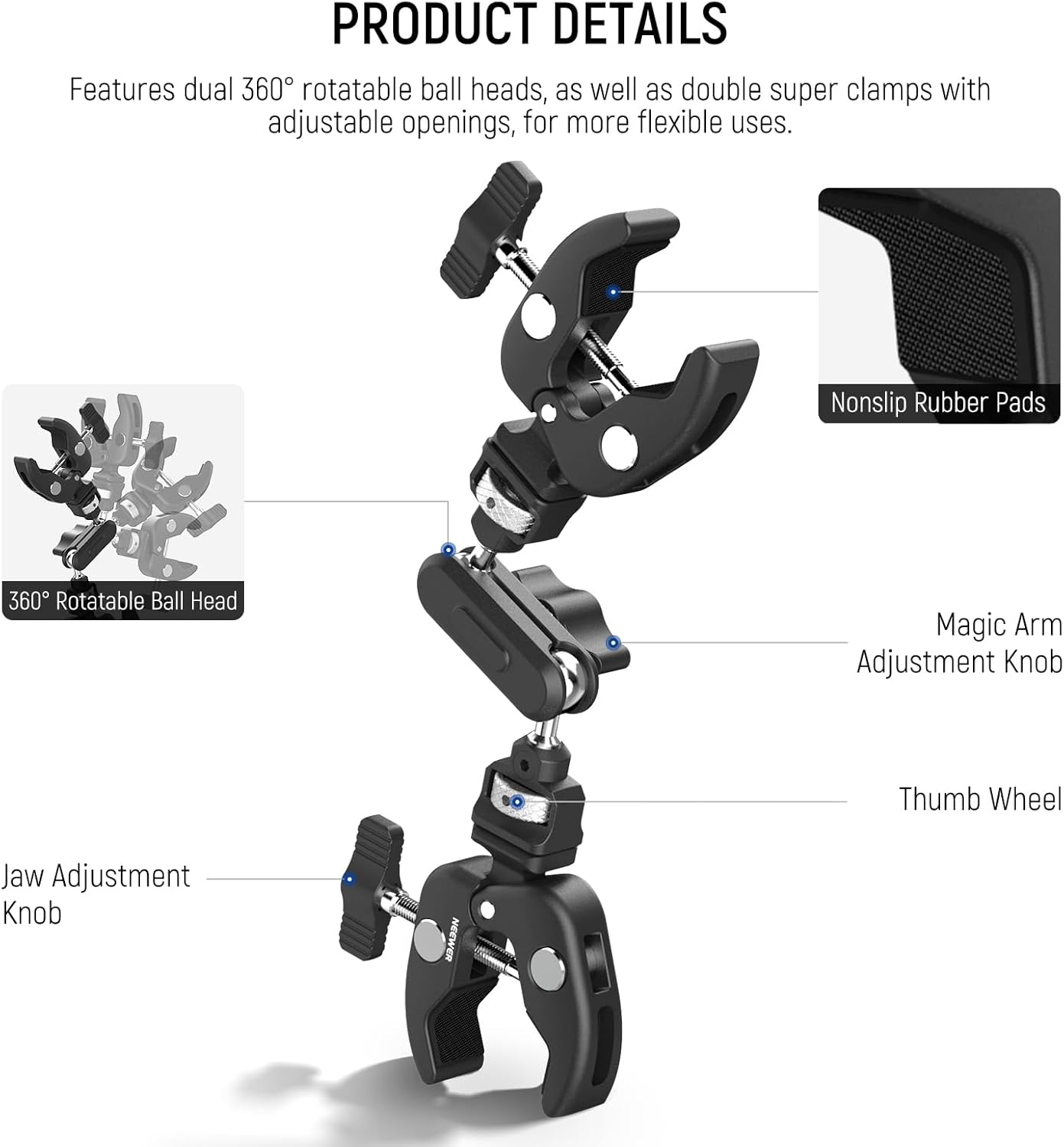 NEEWER Double Super Clamp Camera Mount with Magic Arm, NATO Interface, Cold Shoes, 1/4" Locating Holes for ARRI, Desk Studio Photography Light Stand Pole Cross Bar Umbrella Holder Clamp Mount, UA060