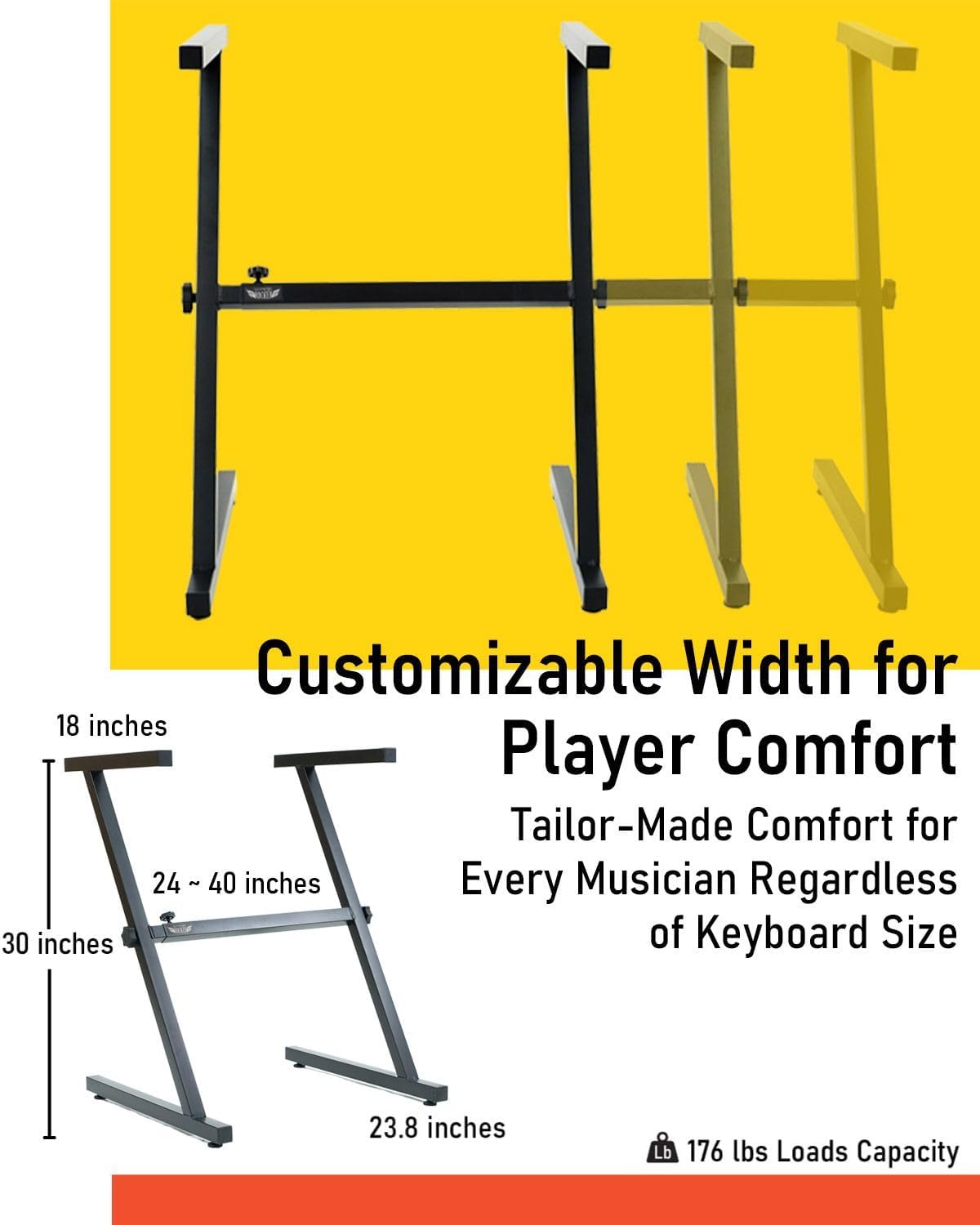 Stage Rocker Z-Style Keyboard Stand, Adjustable Width for 61/88 Key Keyboards, Sturdy & Durable Digital Piano Stand, Easy Storage, Sleek Black.