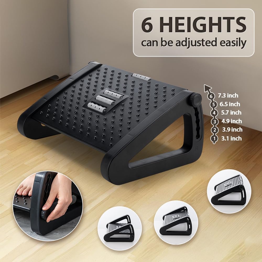 Foot Rest, Six Heights Adjustable Foot Rest for Under Desk at Work, Ergonomic Foots Stool for Under Office Desks, Under Desk Footrest with Foot Massage Roller, Chair Footrest for Leg Rests