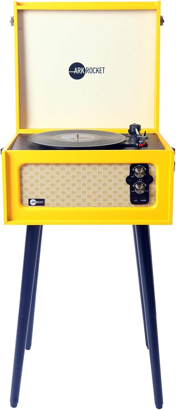 Arkrocket 3-Speed Bluetooth Record Player Retro Turntable with Built-in Speakers and Removable Legs (Yellow)