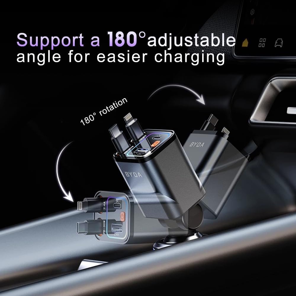 4 in 1 Retractable Car Charger,69W Car Charger USB C,Cigarette Lighter Adapter,Fast Charging for iPhone 16e/16/15/14,13,Samsung Galaxy,iPad,Pixel (Gray, for Dual Cord USB-C)