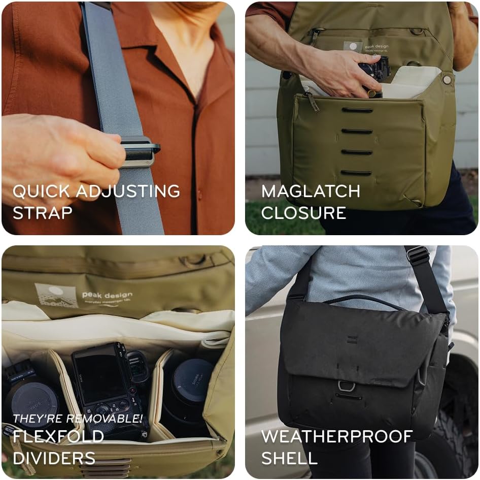 Peak Design Everyday Messenger V3 13L, Kelp, Weatherproof Camera and Work Bag with Laptop Sleeve, Expandable, MagLatch Closure, FlexFold Dividers, Fits 13" Laptop, Messenger Bag for Men and Women