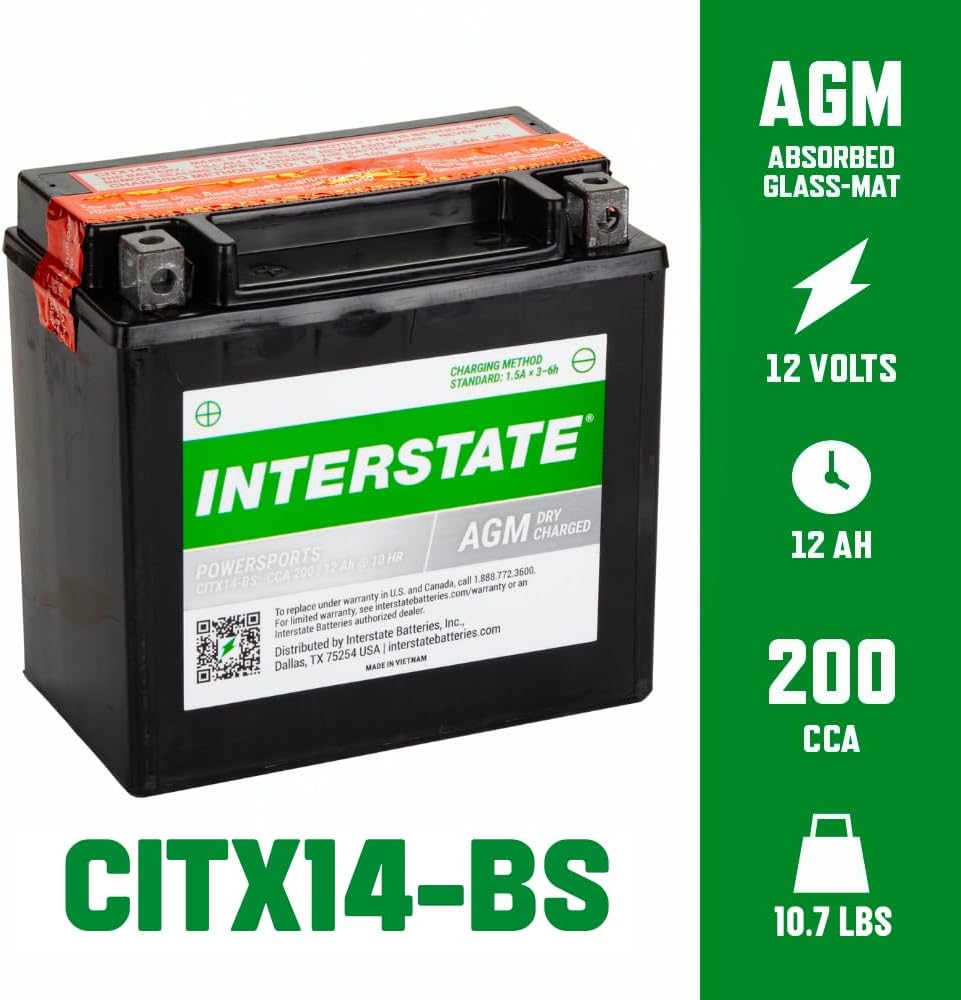 Interstate Batteries YTX14-BS 12V 12Ah Powersports Battery 200CCA AGM Rechargeable Replacement for Motorcycles, ATVs, UTVs, Scooters, Snowmobiles (CITX14-BS)