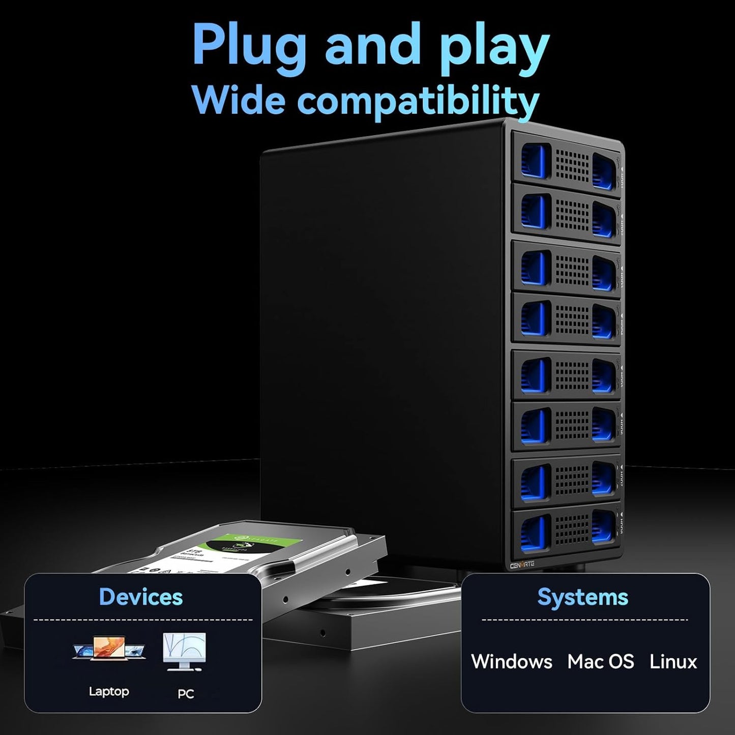 8 Bay Hard Drive Enclosure with Cooling Fan for 2.5/3.5" SATA HDD/SSD with USB A/C 3.0 Cable, 3.5 Hard Drive Enclosure Supports 160TB Capacity, Tool-Free HDD Enclosure, DAS(NO RAID/NAS)