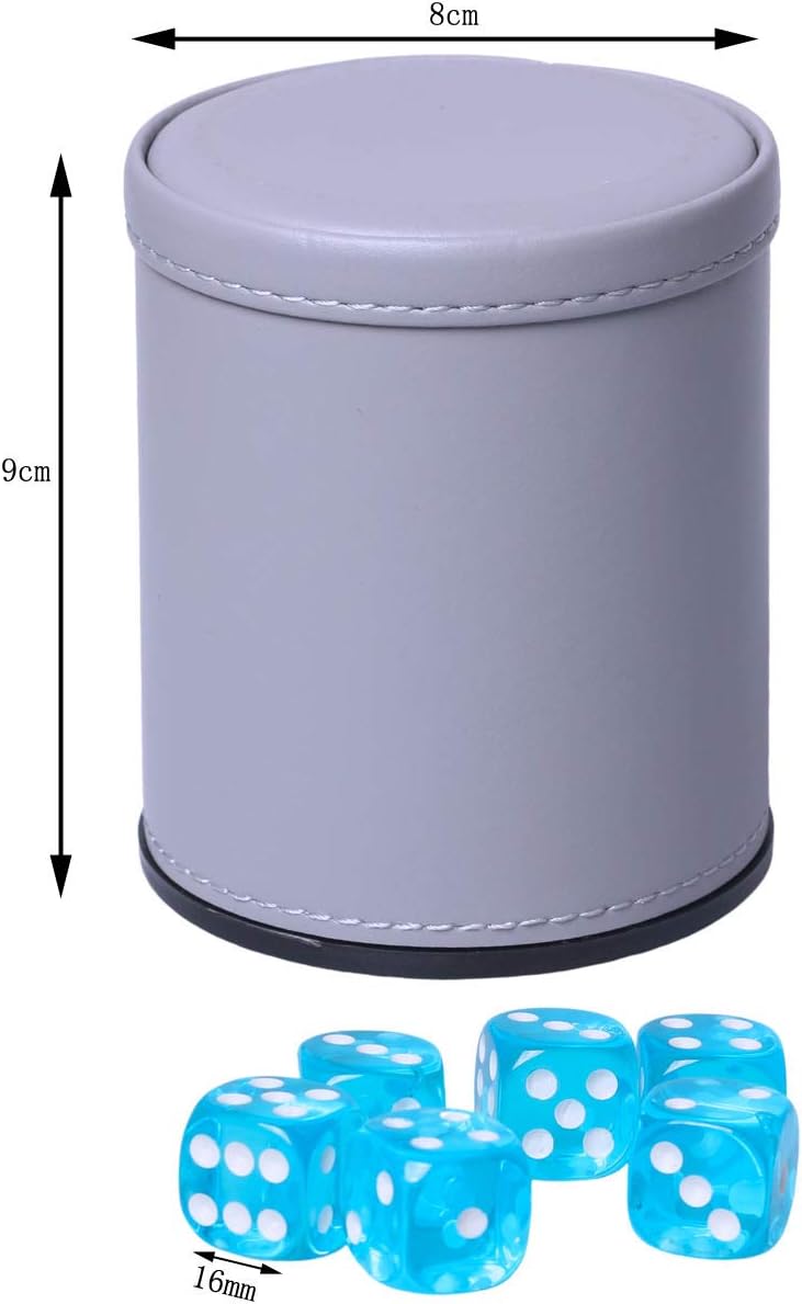 Dice Cup Set PU Leather and Felt-Lined, Quiet Shaking for Yahtzee Farkle Liars Dice Games, Includes Six 16mm Regular Dice