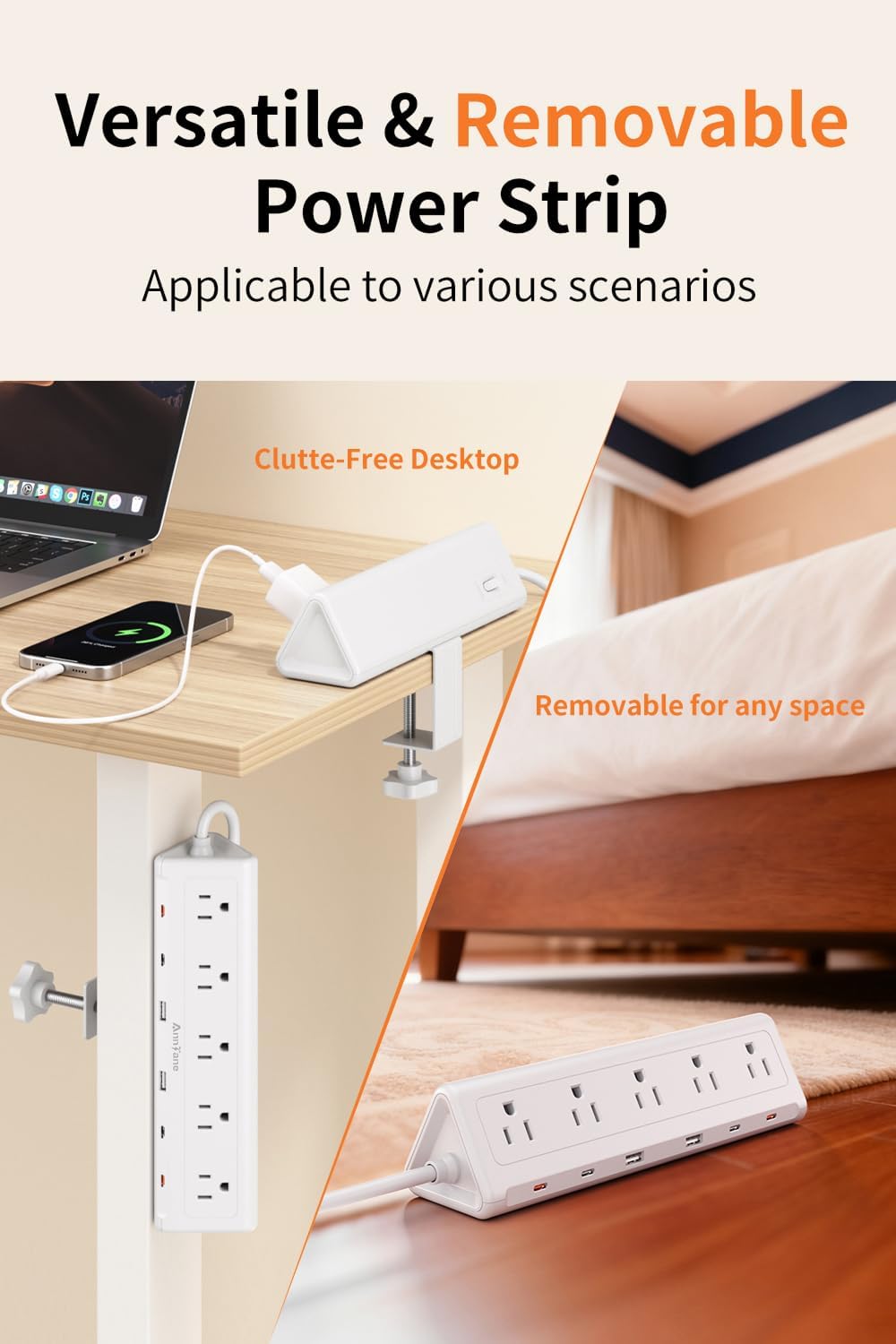 6.5 FT Desk Clamp Power Strip with 5 AC Outlets & 6 USB Ports PD 40W USB-C Fast Charging, 1250J Surge Protector, Fits 2.6 in top Edge White