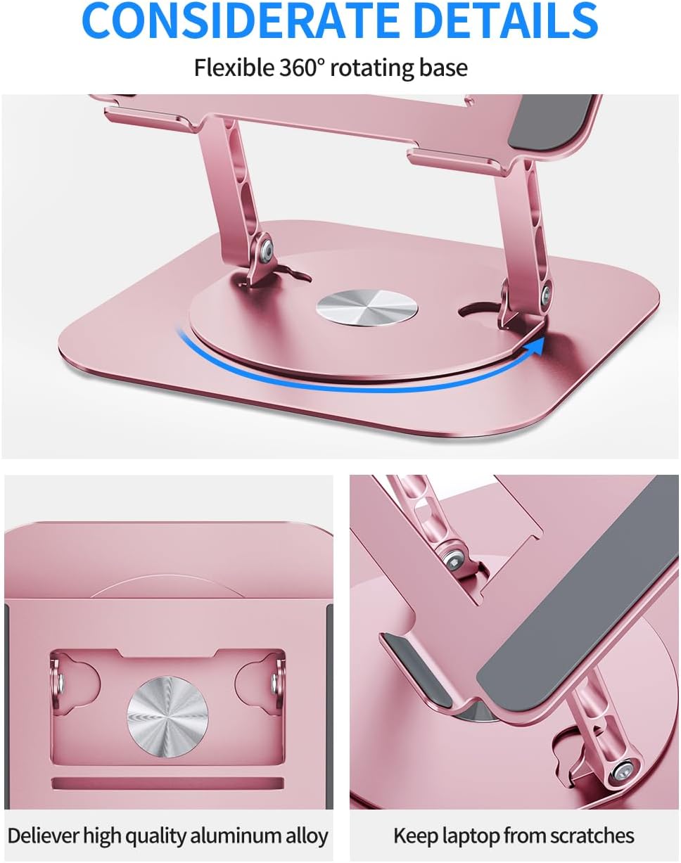 Adjustable Laptop Stand with 360 Rotating Base, Computer Stand for Laptop Ergonimic Foldable Laptop Riser for Desk Compatible with MacBook Pro/Air Notebook up to 16 Inches,Pink