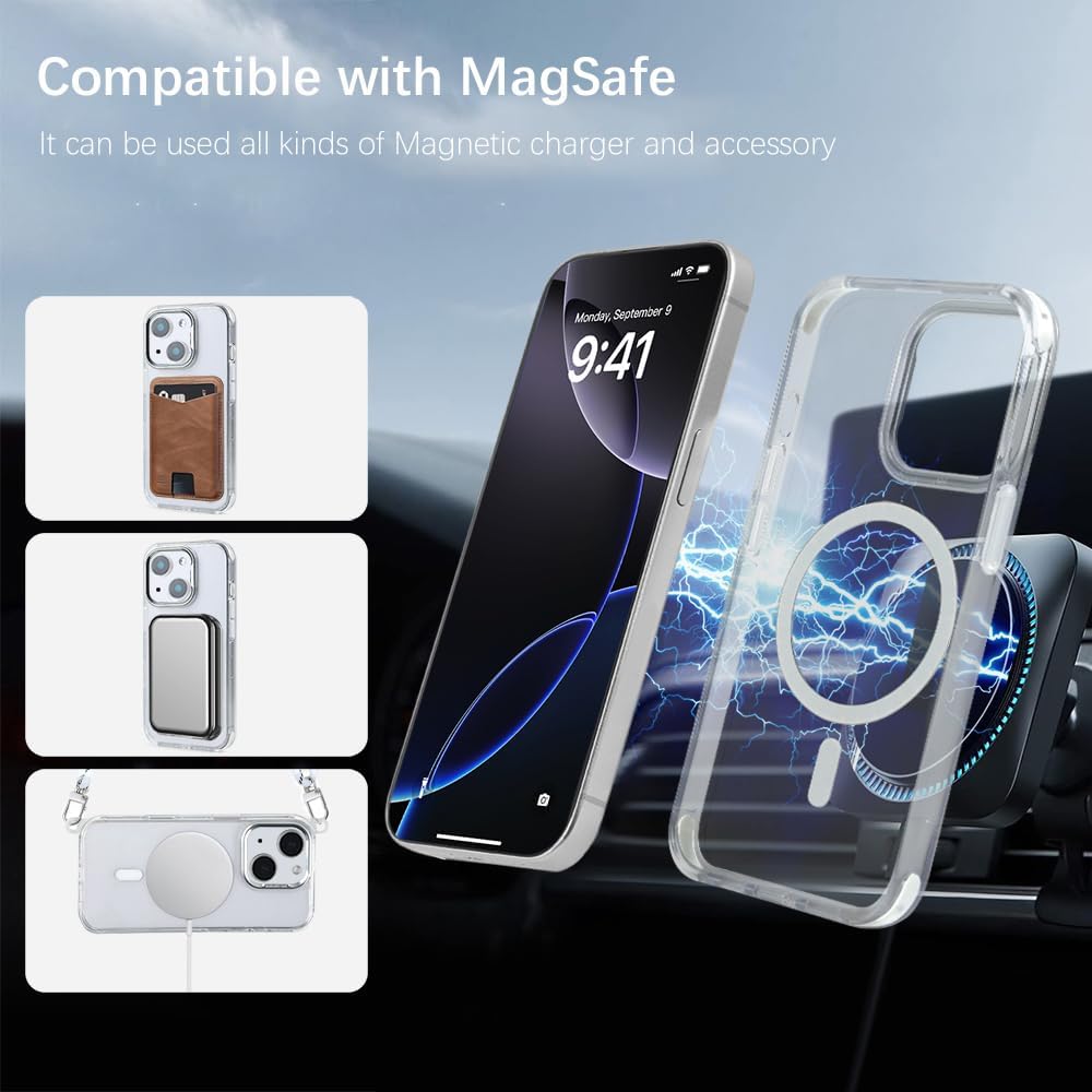 for iPhone 15 Case with 62.99 inch Lanyard, Classic Clear&White Magnetic Phone Case, Drop&Shockproof Protection Cases, Phone Lanyard for Around The Neck, Compatible with Magnet Accessory