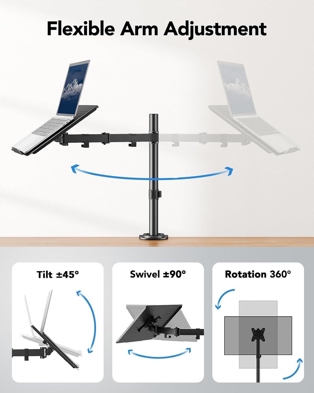 HUANUO Laptop Desk Mount - 17' to 32' Monitor Arm, Ventilated Tray, Fully Adjustable with Tilt, Swivel & Rotation, Holds up to 22 lbs