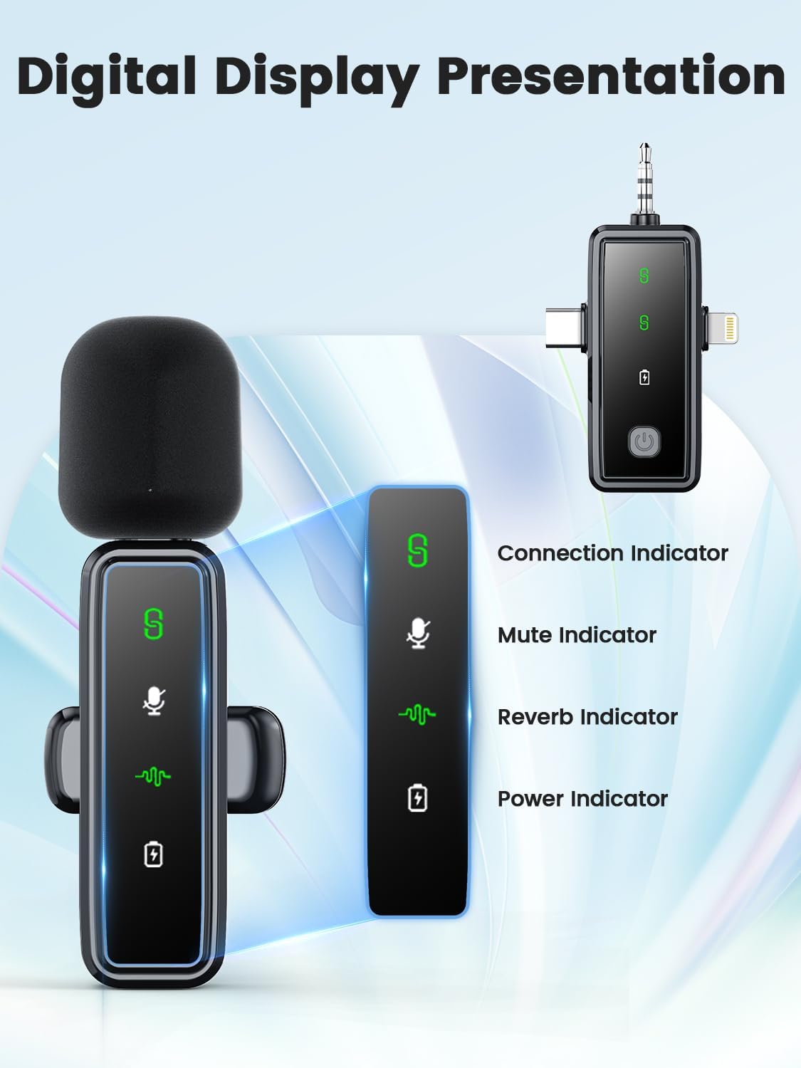 3 in 1 Wireless Lavalier Microphones for iPhone/Android/Camera, 2 Pack Mini Microphone LED Display Lapel Omnidirectional Mic with Mute/Reverb/Noise Reduction for TikTok/Podcast/Vlog Recording