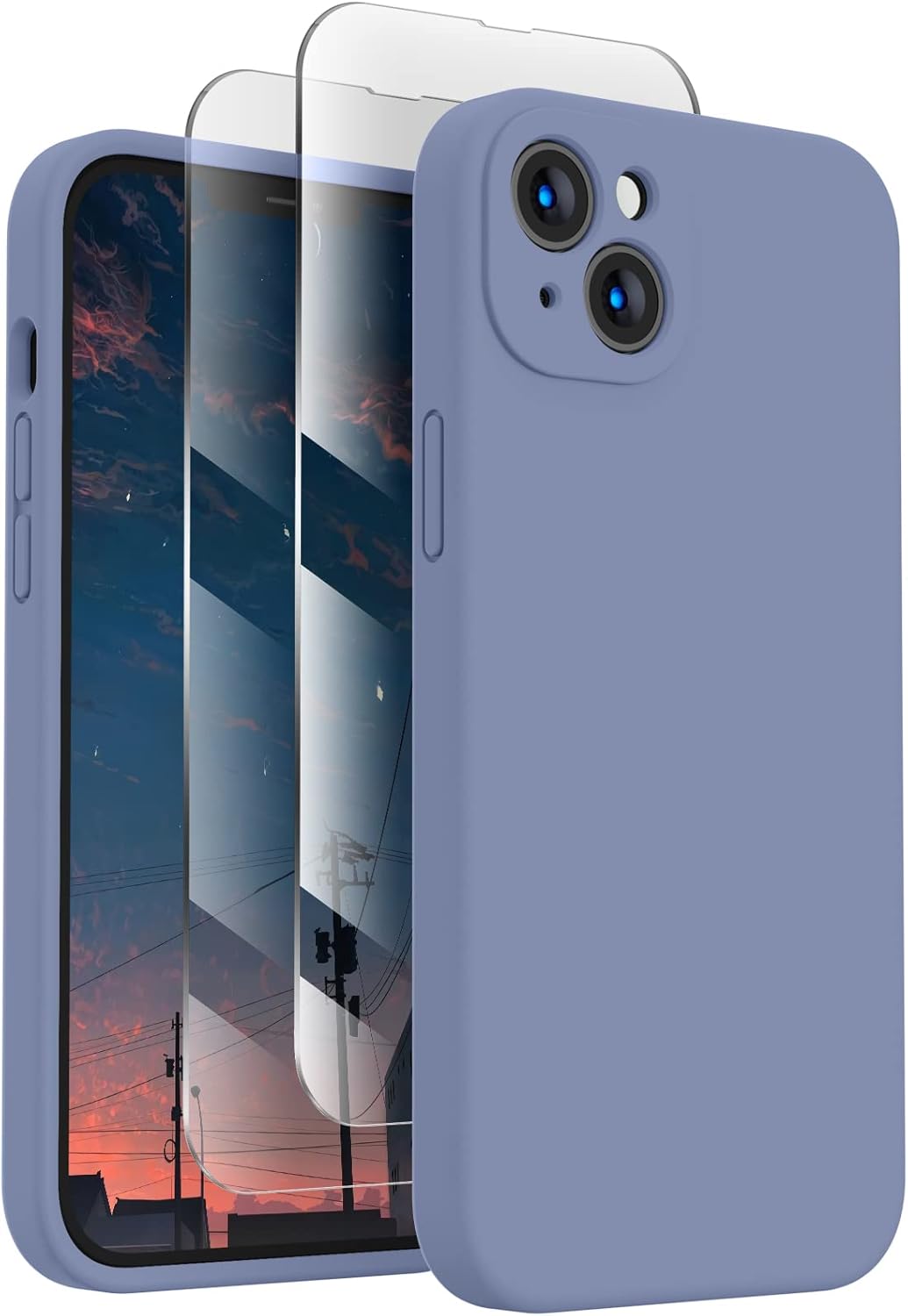 FireNova Designed for iPhone 14 Case, Silicone Upgraded [Camera Protection] Phone Case with [2 Screen Protectors], Soft Anti-Scratch Microfiber Lining Inside, 6.1 inch, Lavender Gray