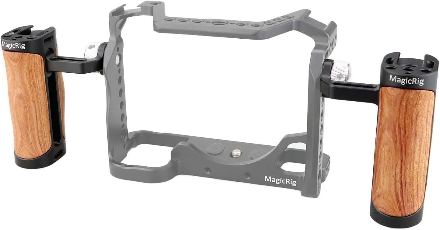 Locating Side Handle for ARRI Mount, Left/Right Mini Wooden Handgrip for DSLR Camera Cage, with Cold Shoe 1/4"-20 and 3/8"-16 ARRI Locating Threads, Up and Down Adjustable
