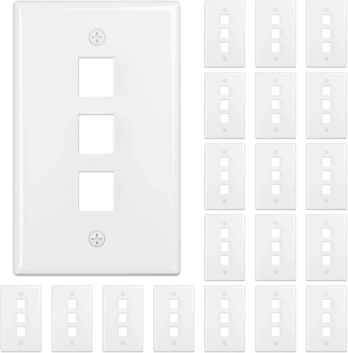 FGB 3-Port Keystone Wall Plate 20-Pack, Low-Profile Single Gang Wall Plates for RJ45, HDMI, and Coax Keystone Inserts, White