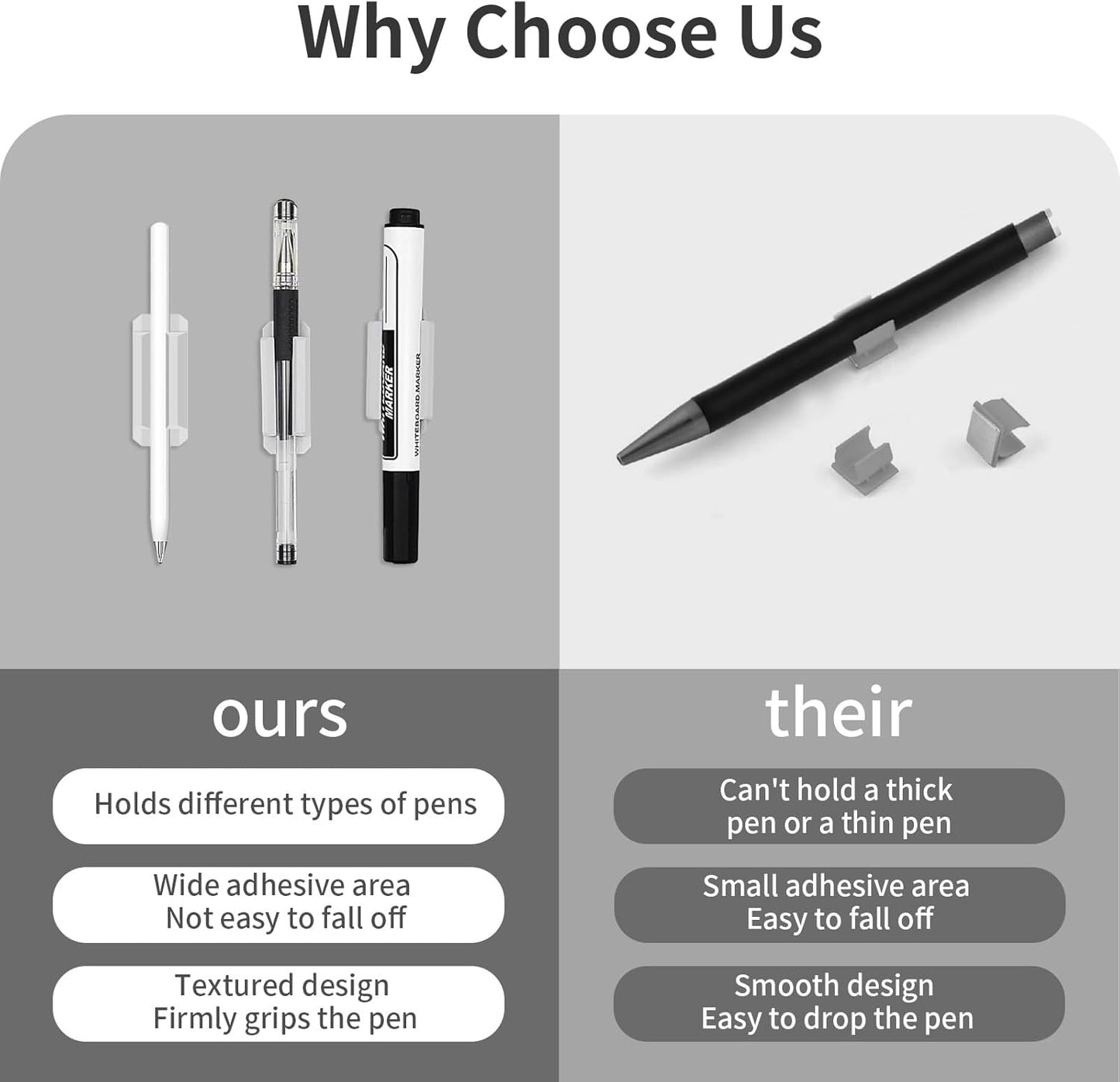 12 Pack Pen Holder for Desk, Silicone Pencil Holder with 12 Extra Adhesive Stickers, Adhesive Pen Holder & Marker Clip for Classroom Office Desk or Any Surface, Teacher Accessories Supplies (White)