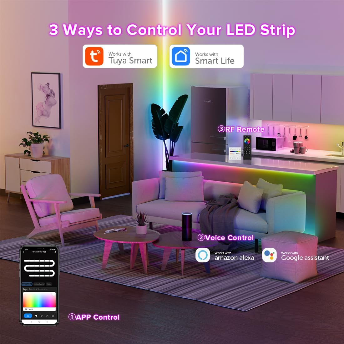 2.4G WiFi SPI RGB Controller DR03W & RC03RF RF Remote Set, Control by Smart Life/Tuya APP/Alexa/Google Home, Control Support WS2812B WS2811 WS2813 WS2815 etc LED Strip STA Mode