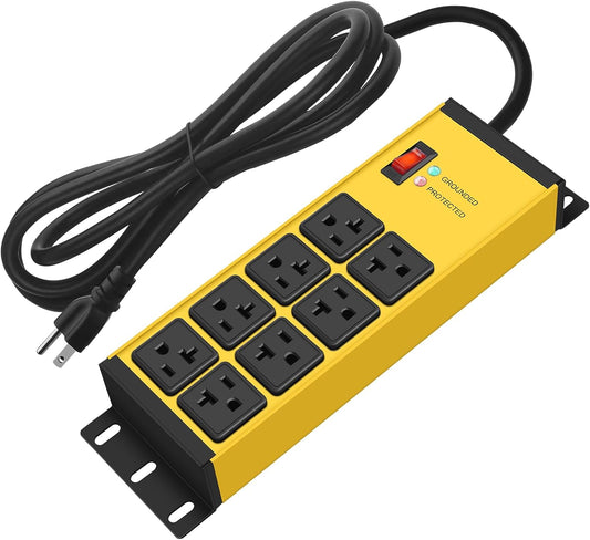 CCCEI Yellow Heavy Duty Power Strip Surge Protector 20 AMP, 8 Outlets 12 Gauge Industrial Shop Garage Metal Multiple Outlets, 10FT Extension Cord 5-15P Adapter High Amp 6-20R T-Slot 20a for Appliance