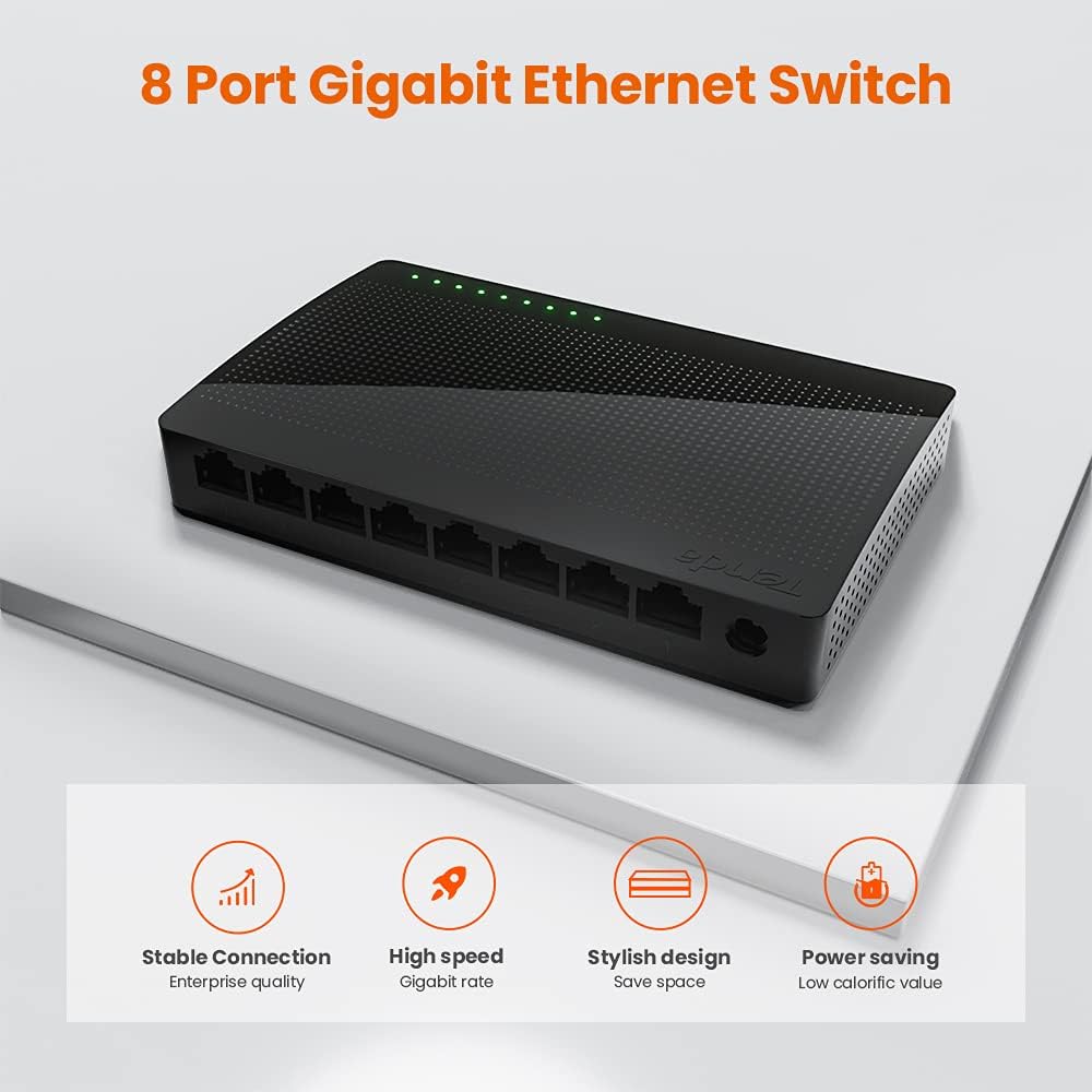 Tenda SG108, 8-Port Gigabit Ethernet Switch, Unmanaged Network Hub, Ethernet Splitter, Plug & Play, Shielded Ports & Plastic Case, Desktop/Wall-Mount, Fan-Less, Limited Lifetime Protection