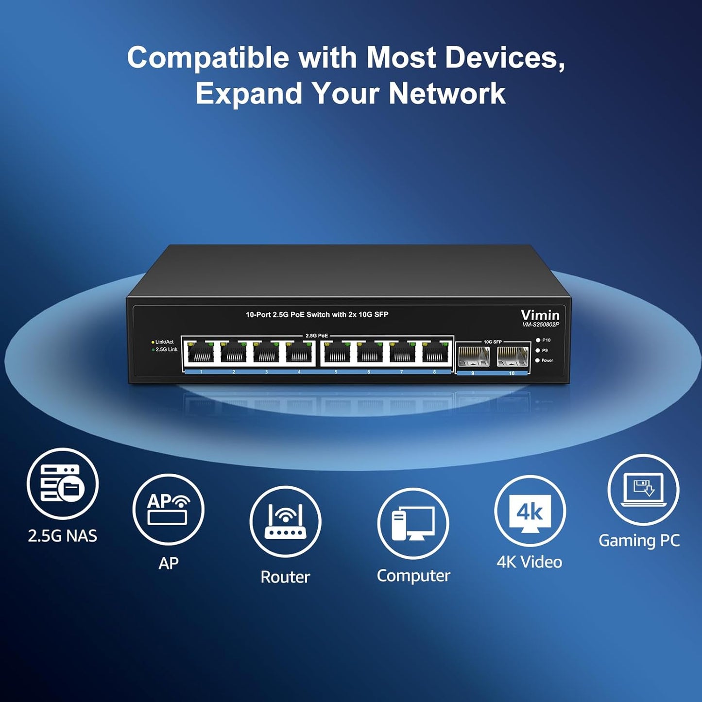 8 Port 2.5G PoE Switch Unmanaged, VIMIN 10x 2.5G Base-T PoE Switch, 2X 10G SFP PoE Switch IEEE802.3af/at, 80Gbps Ethernet Switching Capacity, 150W Switch for 2.5Gb NAS/PC, Metal Housing, Fanless
