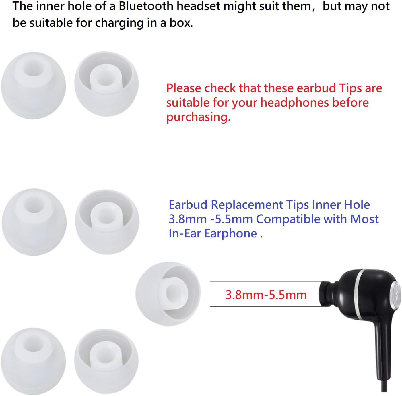 36 Pieces Large Earbud Tips Soft and Comfortable Ear Bud Replacement Pieces Silicone Fit Most in-Ear Headphones，Inner Hole 3.8mm -5.5mm，Large Clear White Replacement Earbuds Silicone Tips