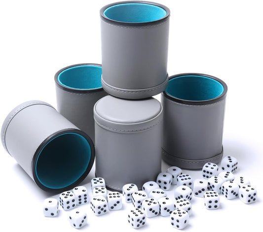 5 Pack PU Leather Dice Cups Felt Lining Quiet Shaker with 30 Dot Dice for Bar Party Yahtzee Farkle Dice Games, Grey