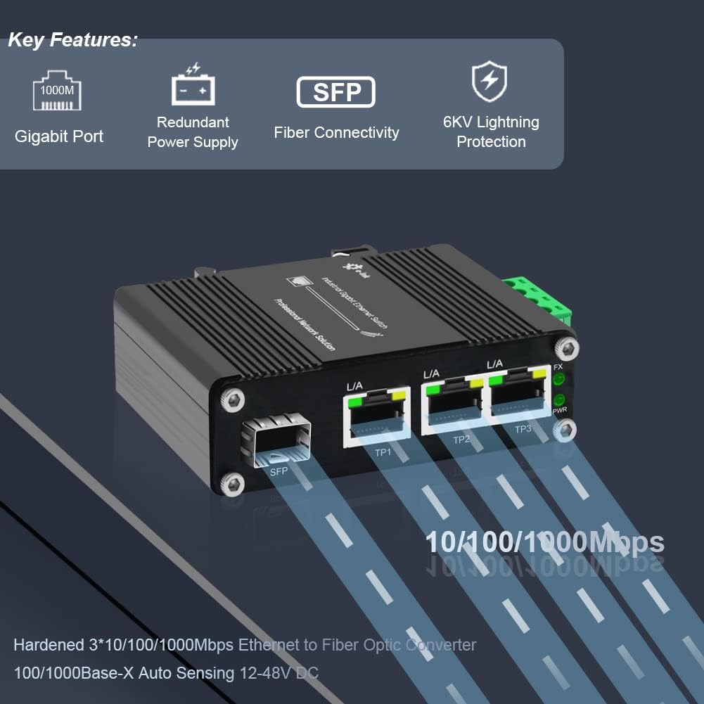 3 Port Hardened Industrial Gigabit Din Rail Switch,10/100/1000Mbps Ethernet Switch Din Rail 24V,8Gbps Switching Capacity,IP40 Rated Unmanaged Network Switch(-40~80°C)