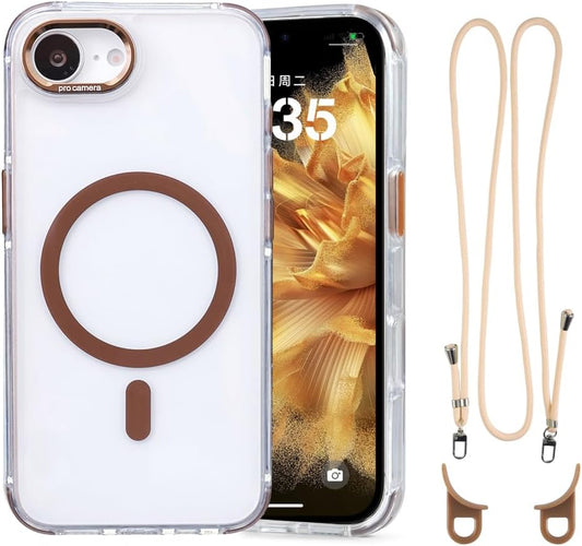 for iPhone 16e Case with Adjustable Phone Lanyard Strap, Compatible with MagSafe, Shockproof Military-Grade Protection, Magnetic Phone Case, Classic Clear Brown Hybrid Case, Yellowing Resistant