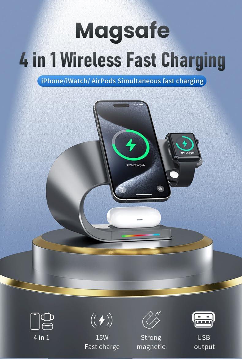 Wireless Charger, 3 in 1 Fast Charging Station for iPhone 15/14/13/12, Apple Watch, AirPods, 15W Magnetic Foldable Charging Dock, Portable Qi Wireless Charger Stand for Home, Office, Travel