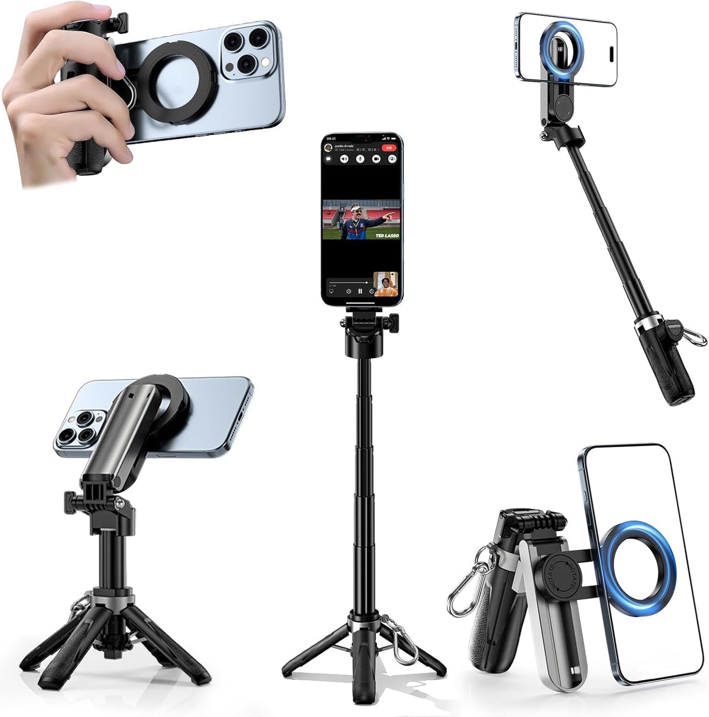 CloudValley Magnetic 4-in-1 Multifunctional Selfie Stick Tripod, Mini Portable Pocket Phone Stand with Detachable Remote, Compatible with MagSafe, for iPhone/Android, Travel Vlog, Live Stream, Black