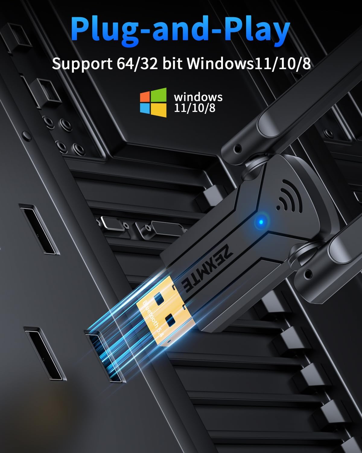 ZEXMTE 5.4 USB Bluetooth Adapter for PC, Plug & Play Bluetooth Transmitter & Reciver, EDR & BLE, High Gain Antenna, 590FT / 180M Long Range for PC Windows 11/10/8