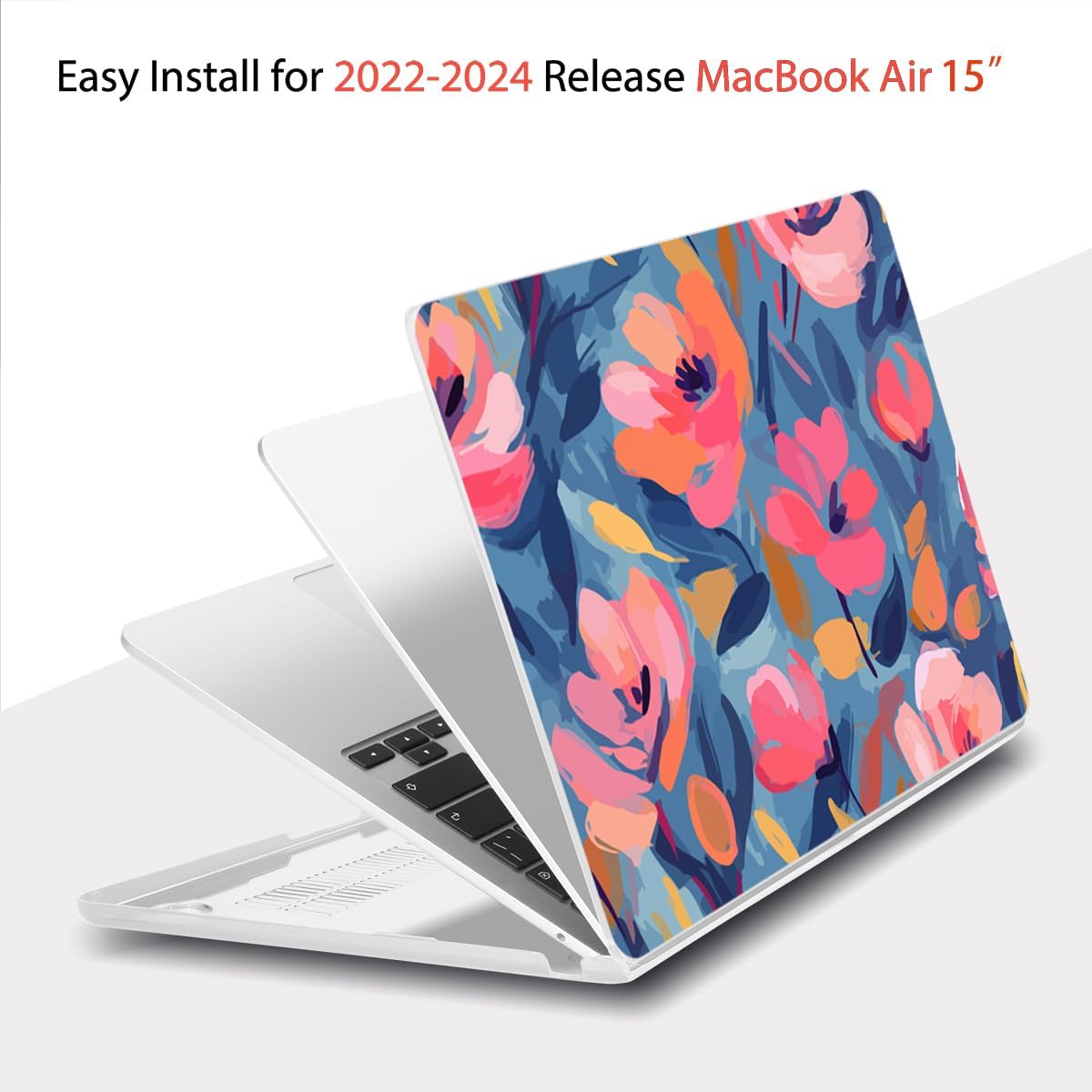 Teryeefi Compatible with M3 M4 M2 MacBook Air 15 inch Case 2025 2024 2023 Release A3241 A3114 A2941, Hard Shell Cover & Keyboard Cover & Screen Protector & OTG Adapter - W-Abstract Pink Flower