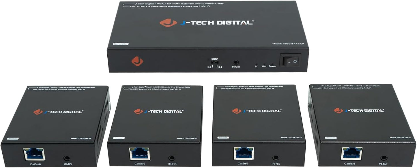 J-Tech Digital HDMI Extender Splitter 1x4 Over Single Cat5e/6 Ethernet Cable Up To 164ft. Supports PoC HDMI Loopout IR Control EDID Switch
