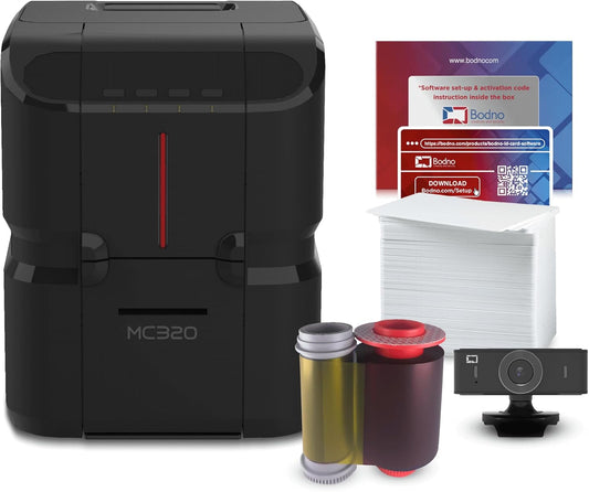 Bodno Matica MC320 Direct-to-Card Dual Sided ID Card Printer & Complete Supplies Package Silver Edition ID Software