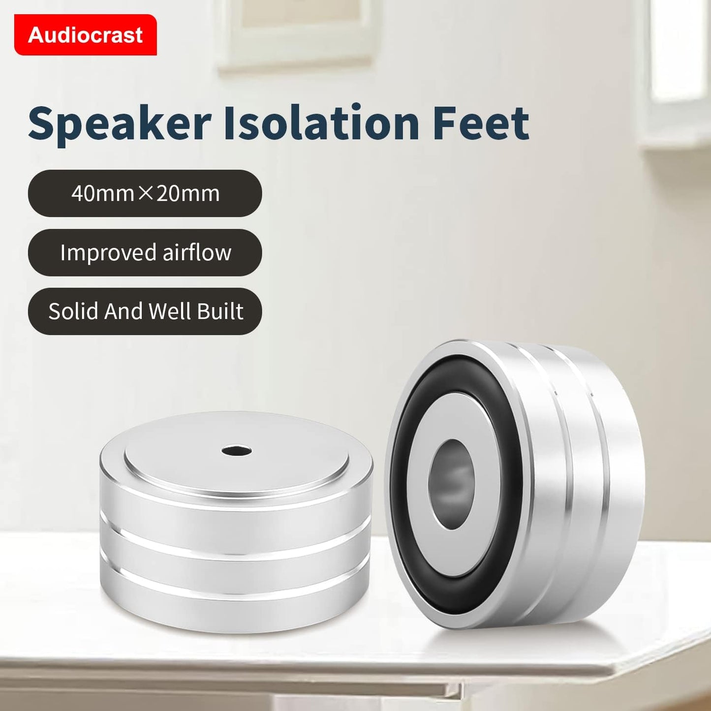 Audiocrast 4X Silver HiFi Speaker Isolation Feet Pad, Aluminum 40x20mm Audio Stand Feet Amplifier Shock Absorber Non-Slip Hi-End Vibration Dampener Floor Protector for Subwoofer DAC CD Turntable Amp