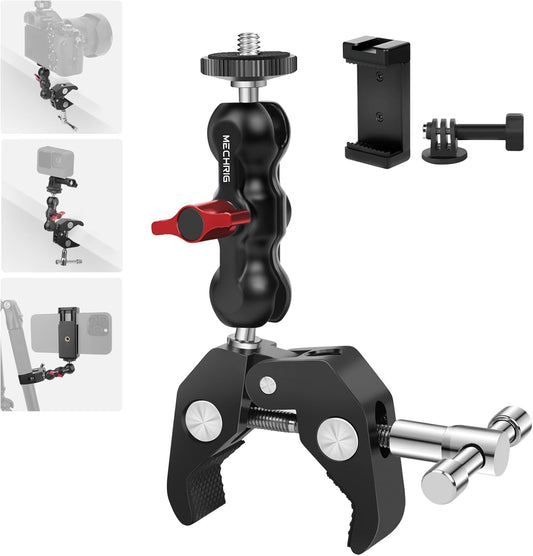 Camera Clamp Mount with Dual Ballhead Magic Arm, Aluminum Camera Mount Super Clamp Kit for DSLR Action Camera/Phone/Monitor/LED Light/Microphone, for Desk/Tripod/Tube/Crossbar (SY001)