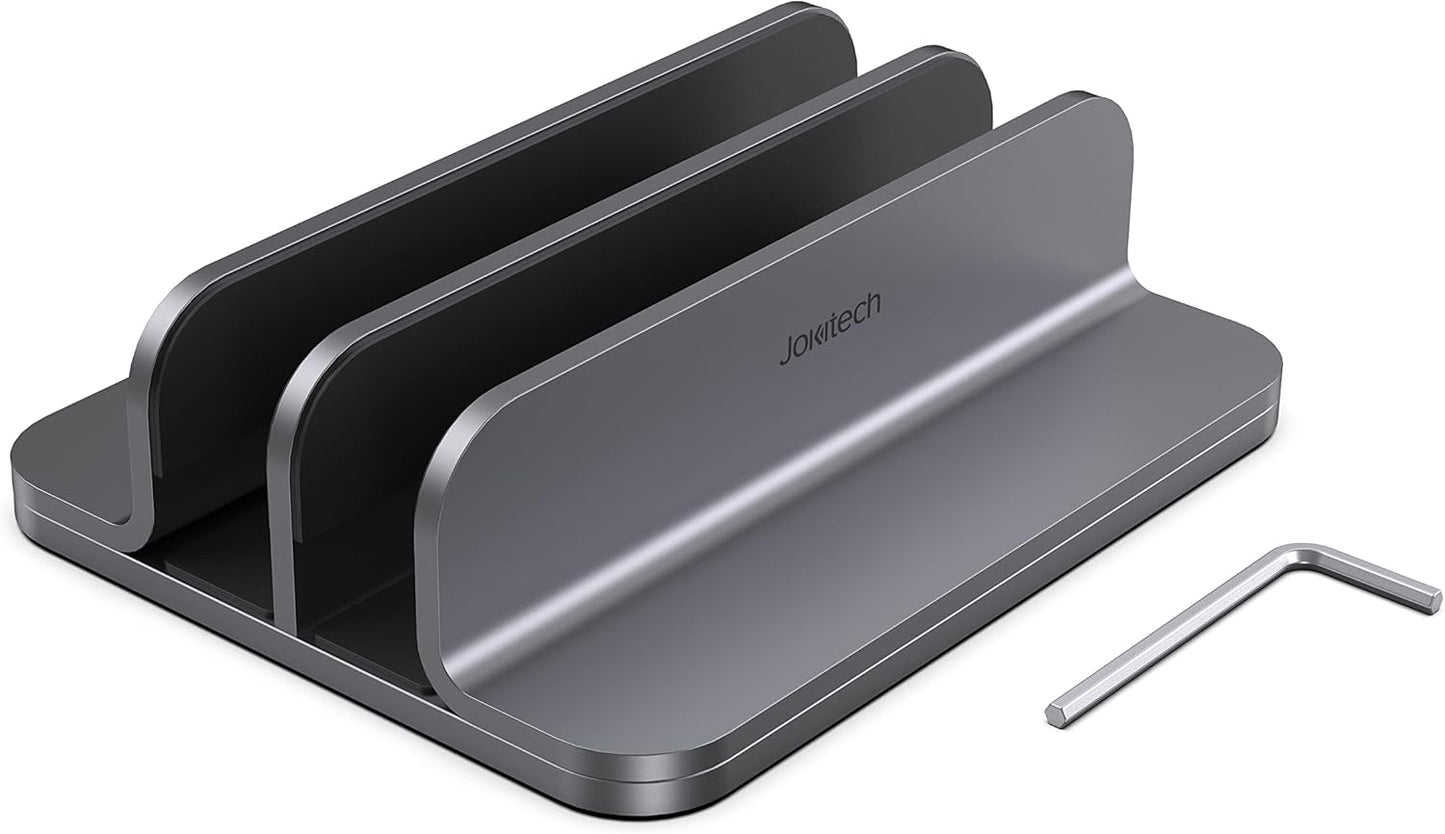 Dual Aluminum Vertical Laptop Stand Organizer, Sturdy Notebook Computer Holder Stand Compatible with New Liquid Retina XDR Apple MacBook Air/Pro, Mac mini, Apple TV and iPad Pro - Spacegray