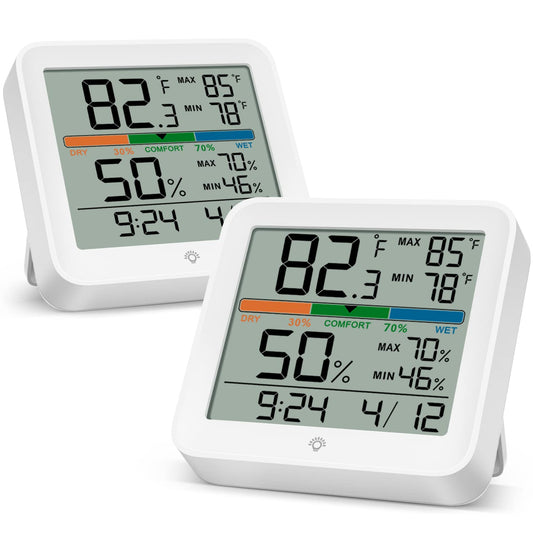 2 Pack Indoor Thermometer Room Temperature Home Hygrometer Humidity Gauge, Accurate with Calibration, Backlight, Air Comfort Indicator, 24H Max Min Records, Time, Date(AAA Batteries Included)