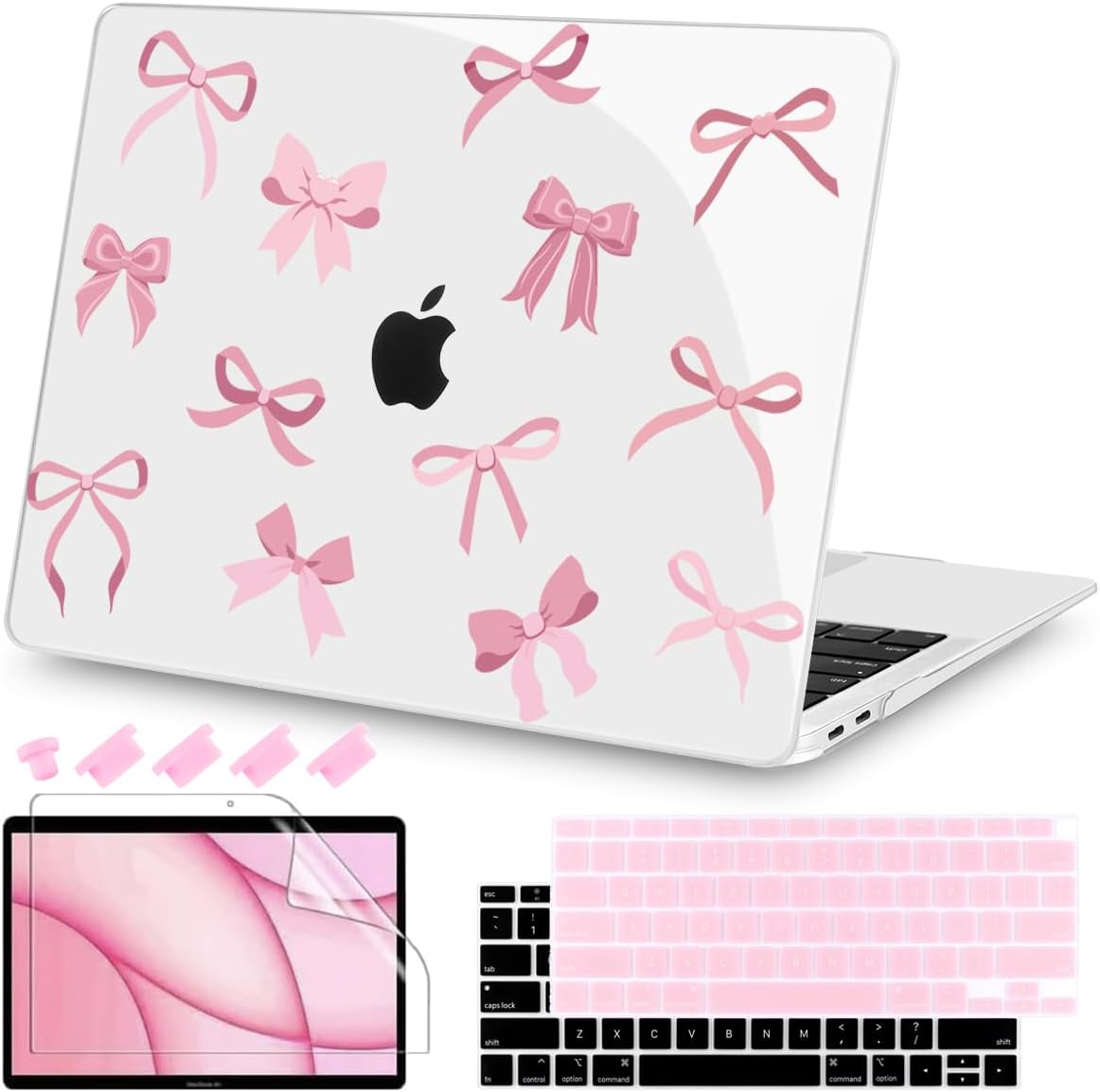 Teryeefi Case for MacBook Air 13 inch M1 A2337 A2179 A1932 2018 2021 2020 2019 2018 Release, Plastic Hard Shell Case & Keyboard Cover & Screen Protector, Cute Pink Bows