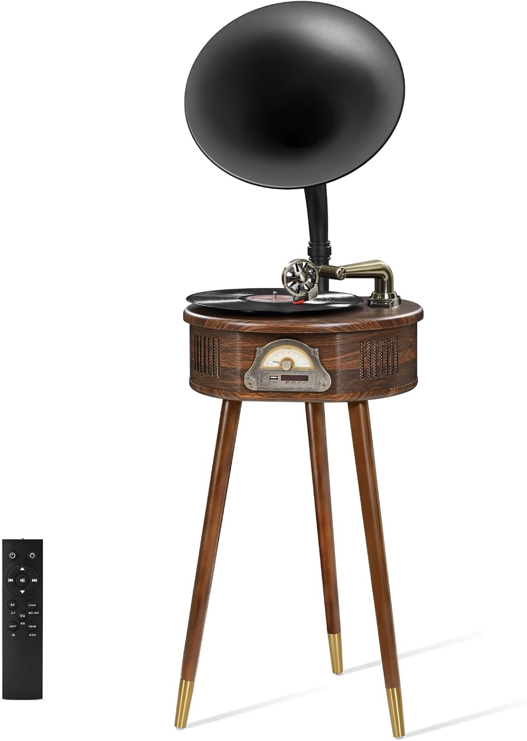 Gramophone Record Player，Italian Style Gramophone Vinyl Record Player with Control/Bluetooth/USB/FM Vintage Record Players Turntables 2 Speed(33/45), Hi-Fi, Classic Tripod Retro Wooden Design