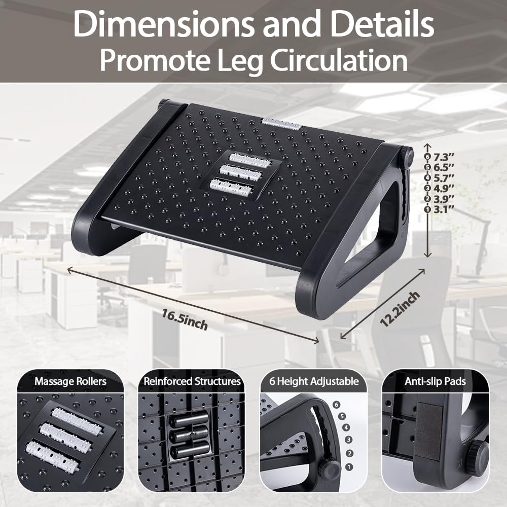 Foot Rest, Six Heights Adjustable Foot Rest for Under Desk at Work, Ergonomic Foots Stool for Under Office Desks, Under Desk Footrest with Foot Massage Roller, Chair Footrest for Leg Rests