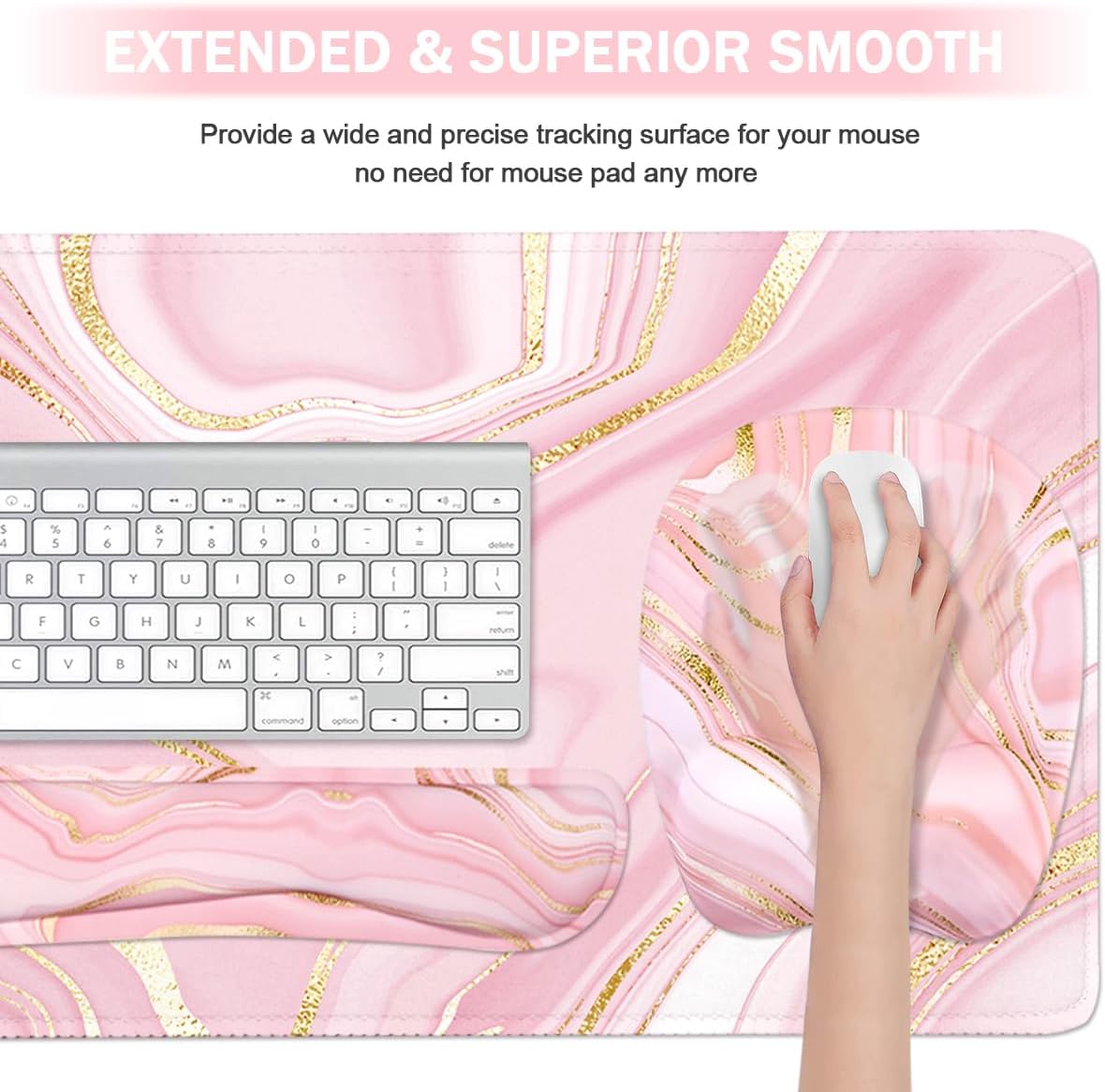 Keyboard Wrist Rest Large Mouse Pad Wrist Support for Computer, 4 in 1 Memory Foam Keyboard Pad Desk Mat Ergonomic Hand Rest Wrist Cushion for Home Office Gaming - Pink Marble