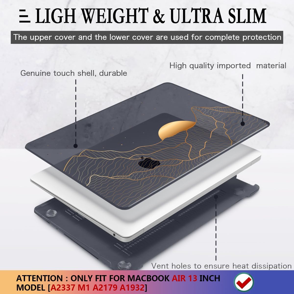 CISSOOK Compatible with MacBook Air 13 Inch M1 Case 2022 2021-2018 Release A2337 A2179 A1932, Crystal Black Plastic Hard Shell Case Cover for MacBook Air 13" with Touch ID, Sun & Mountain