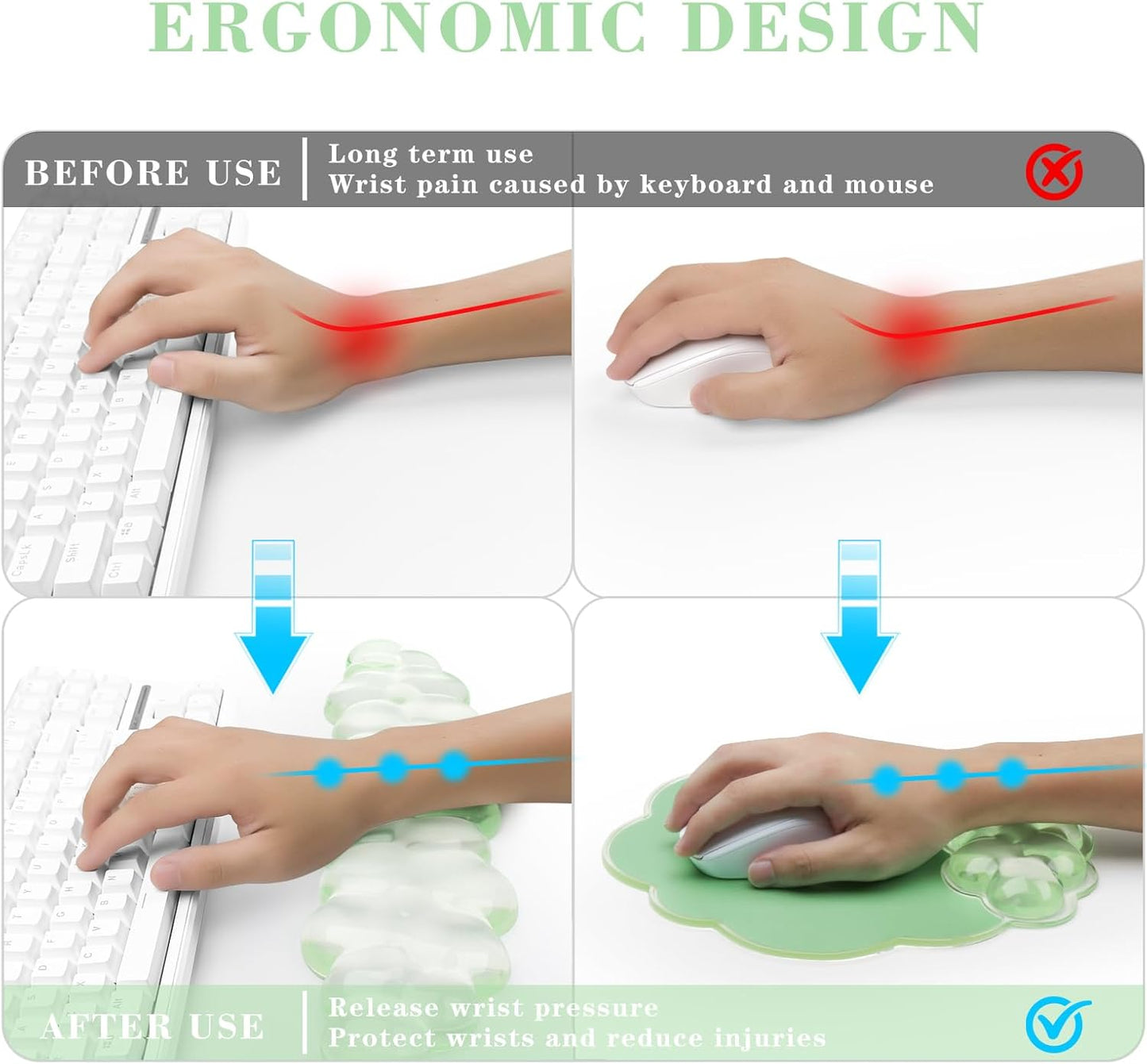Gel Cloud Keyboard and Mouse Wrist Rest, Cute Wrist Support and Arm Support Rest for Typing Pain Relief，Suitable for Office/Computer/Laptop/Gaming Set-Green