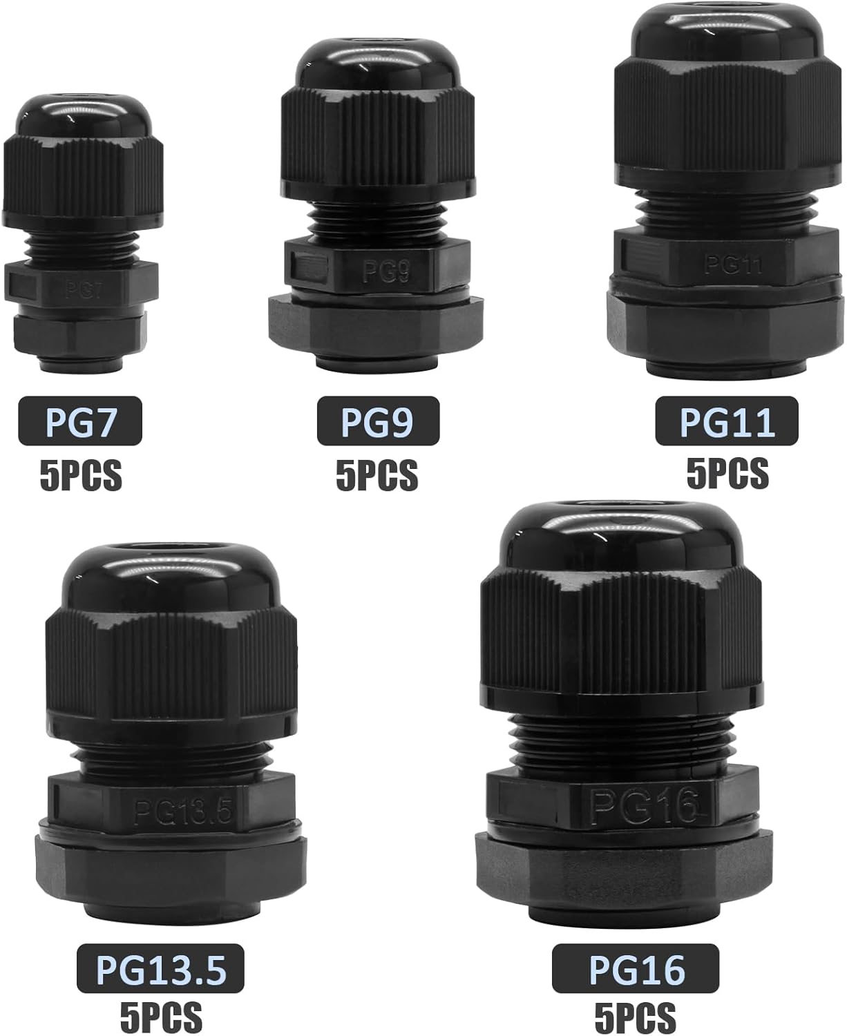 25 Pcs Nylon Cable Glands, PG7 PG9 PG11 PG13.5 PG16 Strain Relief Cable Cord Connector IP68 Waterproof Junction Box Wire Protectors Adjustable for 3-13mm Cable Diameter