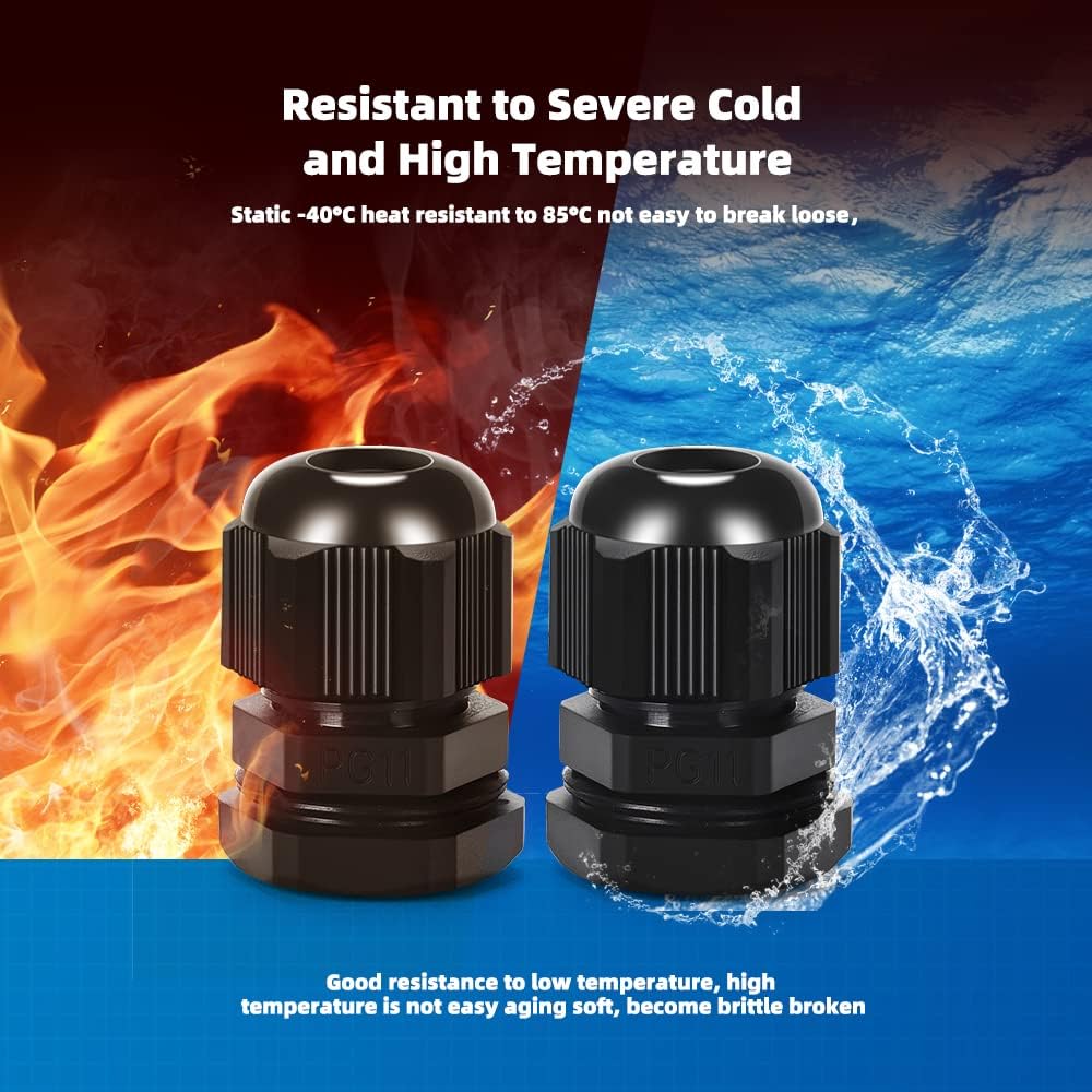 Cable Gland 20 Pack Plastic Waterproof Adjustable Connector 5-10mm PG11 Strain Relief Cord Connectors Joints Nylon with Gaskets