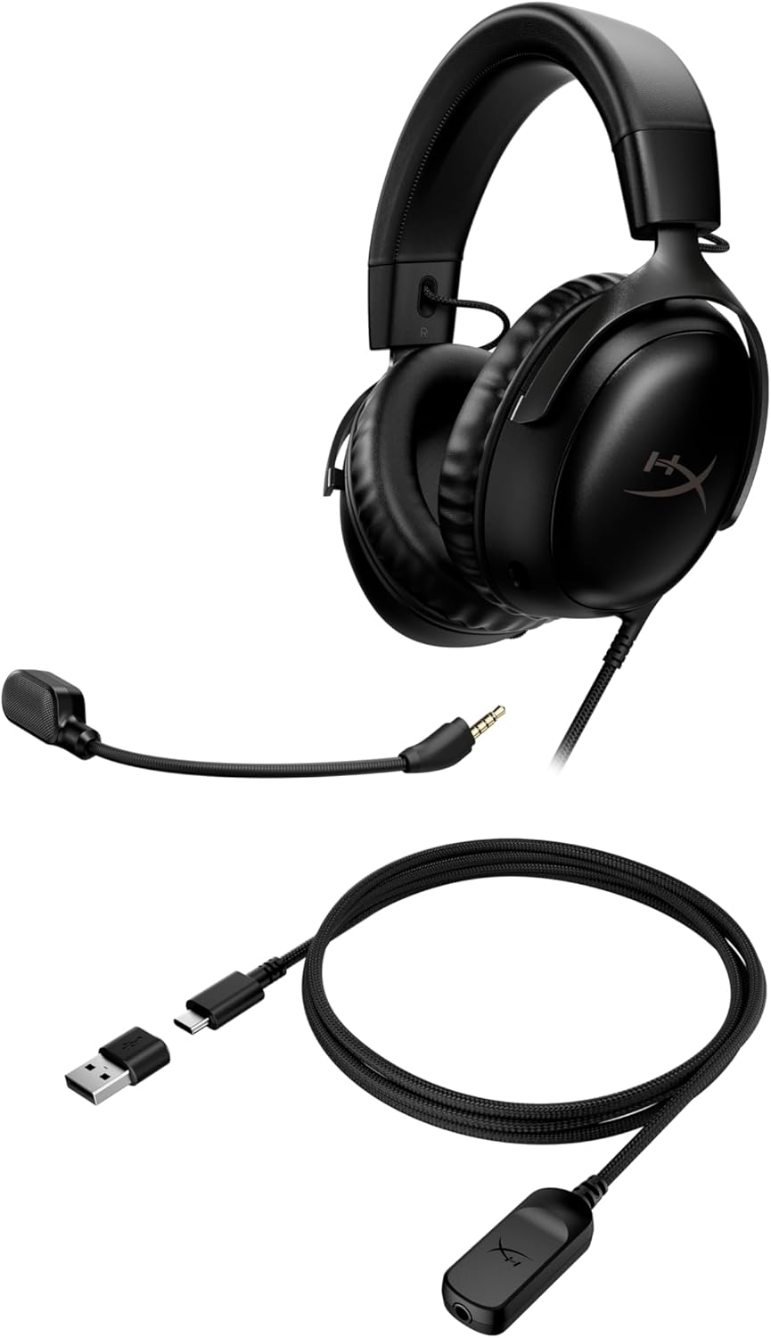 HyperX Cloud III – Wired Gaming Headset, PC, PS5, Xbox Series X|S, Angled 53mm Drivers, DTS Spatial Audio, Memory Foam, Durable Frame, Ultra-Clear 10mm Mic, USB-C, USB-A, 3.5mm – Black
