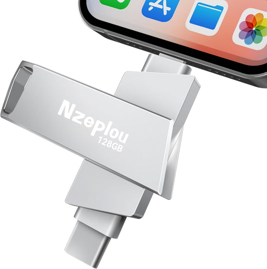 128GB Flash Drive for iPhone iPad, USB3.0 High-Speed Memory Stick No App Needed, Lightening & USB-C External Memory Storage for Photos Videos, Picture Backup Thumb Drive Plug & Play(Silver)